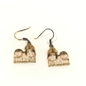 Sterling Silver Gold Tone Enamel Long Haired Dog Hook Dangle Earrings 5/8" Long